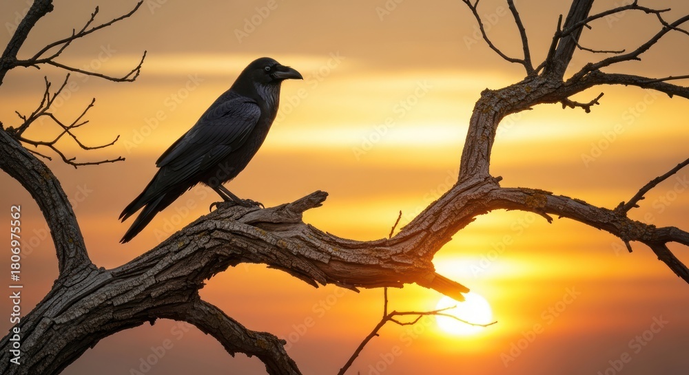 Naklejka premium A crow perched on a bare tree branch, silhouetted against a vibrant, setting sun