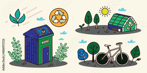 Vector illustration set of boat and abstract background with flowers, symbols, and nature icons for eco travel design