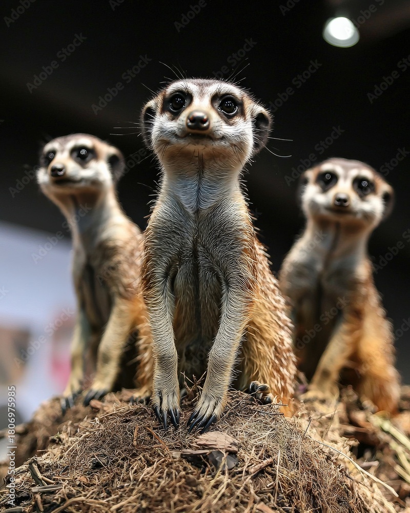 Fototapeta premium A group of meerkats standing alert on a grassy mound, styled for charm and curiosity