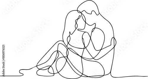 One line drawing of a couple hugging. Minimalist continuous line romantic embrace illustration isolated on white background.