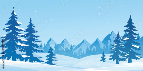 Snowy winter mountains with christmas trees, vector illustration, alpine landscape, pine forests, festive holiday scenery