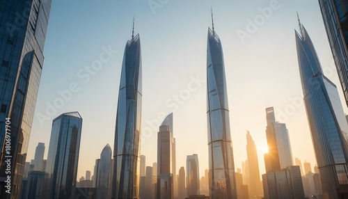 Modern skyline with tall glass skyscrapers reflecting golden sunset light, futuristic city architecture, clear sky with warm tones, photorealistic urban landscape, perfect for business, technology, an