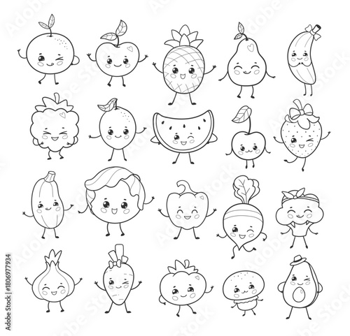 Cute line art kawaii fruits and veggies with happy faces, perfect for coloring pages and stickers.
