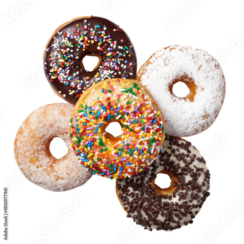Donuts with colorful chocolate sprinkles and powdered sugar
