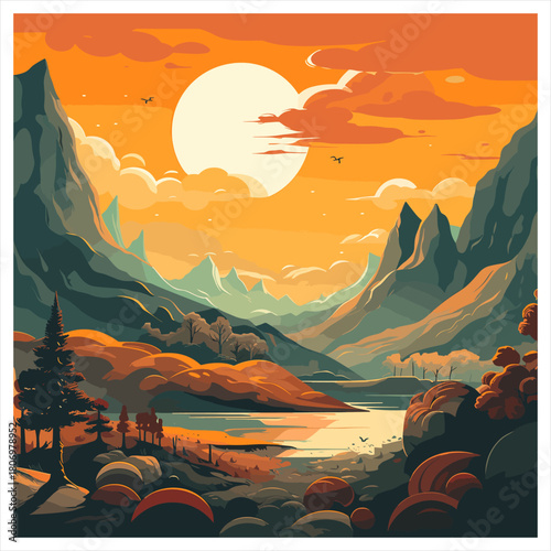 A flat, stylized landscape of a sunset in a mountain valley. A large sun in an orange sky, calm lake, and majestic mountains. Vector illustration for background.