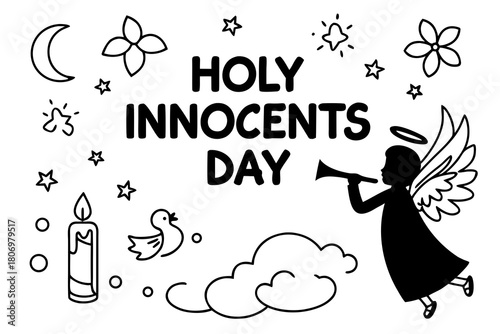 Holy Innocents Day Vector Illustration, Peaceful Angel and Remembrance Symbols Isolated on White Background
