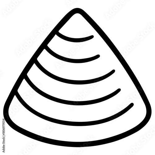 Minimalist line icon of a triangular seashell with curved growth lines, drawn in clean black outline on a white background—perfect for beach-themed stickers, logos, and coastal decor.