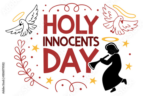 Holy Innocents Day Vector Illustration, Peaceful Angel and Remembrance Symbols Isolated on White Background
