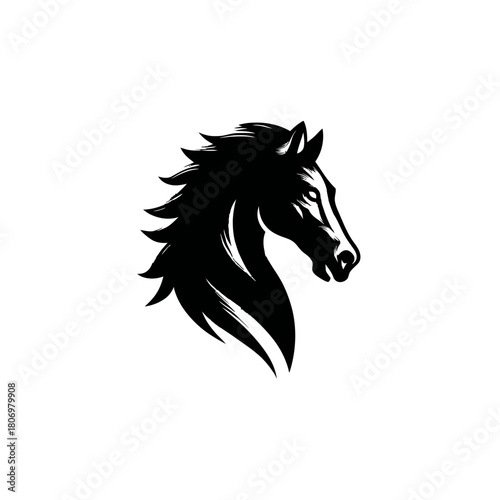 Black silhouette of a horse's head with flowing mane on white background
