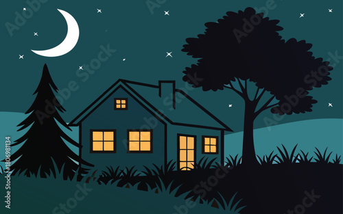 Night house with trees and moonlit sky