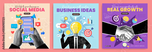 Social media promotion banner with torn halftone hand paper sticker, business infographic, mobile phone, message and light bulb icon. Finance idea, money investment success and digital marketing post.