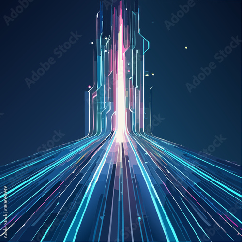 Abstract digital data stream with vibrant neon lines and a glowing central path, futuristic