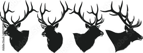 Elk head silhouette, deer stag vector set, buck antlers collection, isolated wildlife animal, black and white illustration, facing left right