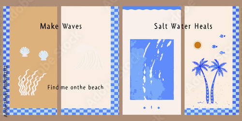 Beach themed collection of four illustrations with inspirational quotes and coastal elements