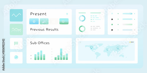 Modern dashboard interface displaying various data visualizations and analytics on a light blue background