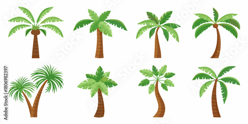 Collection of eight diverse cartoon palm trees with brown trunks and green leaves on a white background