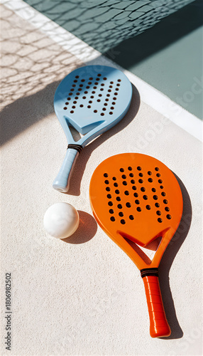 Padel Rackets and Ball on Court | Orange Blue Paddles in Sunlight | Summer Sport Lifestyle Concept | Close-up Macro