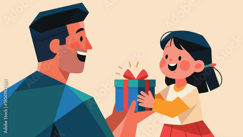 Illustration Of A Daughter Giving A Gift To Her Father Vector Design Template