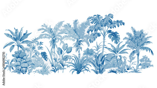 Blue toile tropical vintage botanical palm trees, banana tree, plants, banyan tree seamless border white background. Graphic jungle mural.