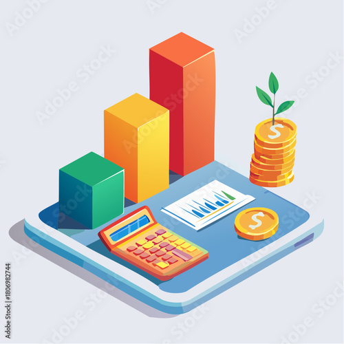 Isometric Business Finance Analytics with Calculator and Growth