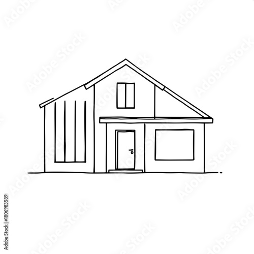 Modern minimalist house drawing using thick black lines with a bold geometric style, no shading, featuring a prominent gabled roof, a series of narrow rectangular windows aligned vertically on the lef