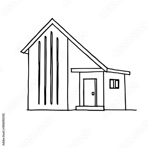 Modern minimalist house drawing using thick black lines with a bold geometric style, no shading, featuring a prominent gabled roof, a series of narrow rectangular windows aligned vertically on the lef
