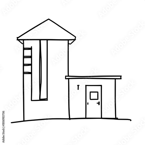 Modern minimalist house drawing using thick black lines with a bold geometric style, no shading, featuring a prominent gabled roof, a series of narrow rectangular windows aligned vertically on the lef