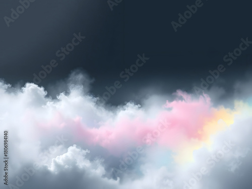 Dreamy pearly grey soft clouds with pink and pastel colors on a dark sky background, with copy space for text