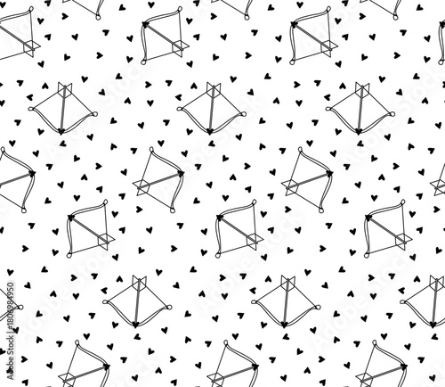 cute cartoon bow and heart arrow Valentine's Day seamless pattern. Vector graphic line black and white illustration. background for banners, print for fabric, labels, t-shirt printing.