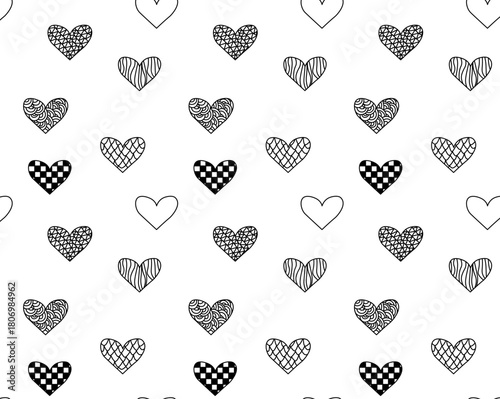 Black hearts Valentine's Day seamless pattern. Vector graphic line black and white illustration. For poster, invitation, backdrop, ad, sale promotion, print for t-shirt