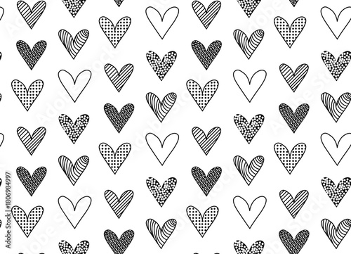 Valentine's Day seamless pattern. Vector graphic line black and white illustration. Silhouette sign for logo, print, comics, fashion, pop art, boards, design, stickers, decoration, posters