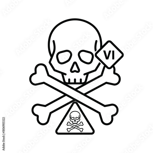 Skull and crossbones symbol with roman numeral vi warning, isolated on