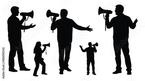 People with megaphones silhouettes isolated on white background, Vector