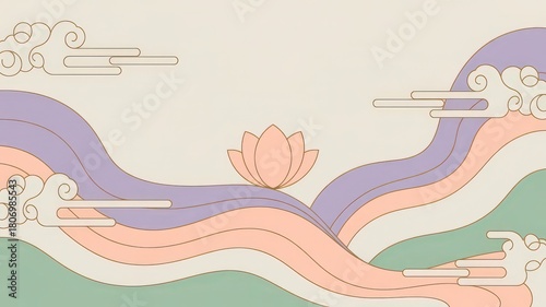Elegant Pastel Background with Korean Dancheong Motifs, Abstract Waves, and Stylized Lotus Flower