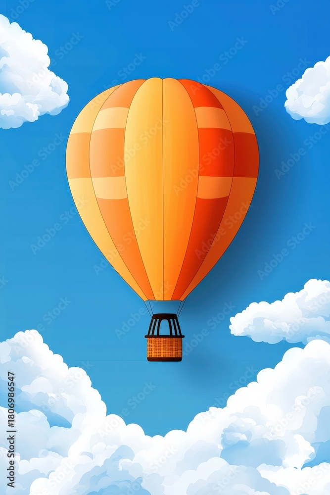 Naklejka premium A hot air balloon floating in a bright blue sky dotted with fluffy white clouds