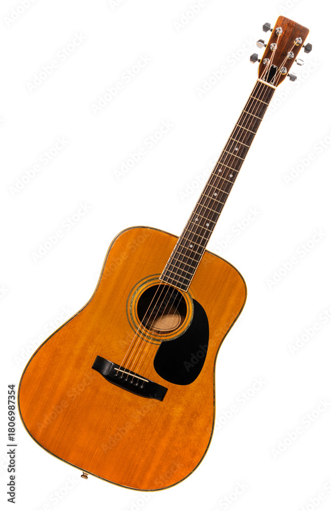 Fototapeta premium Classic acoustic guitar with a light wooden body isolated on white background, Acoustic guitar on white background with work path.