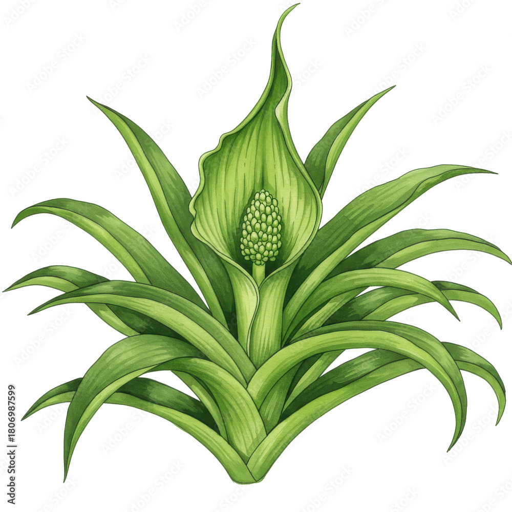Obraz premium Vibrant green plant with detailed leaves and bud isolated on white background