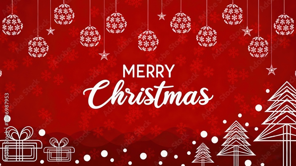 Naklejka premium Minimalist Red Christmas Background with White Line Art Elements and 