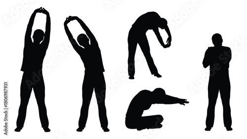 Silhouettes of people stretching and exercising isolated on white background, Vector