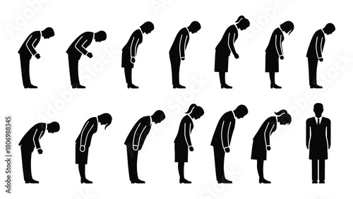 Japanese bowing etiquette silhouettes isolated on white background, Vector