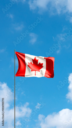 Flag Canada against cloudy sky. Canadian flag waving in the wind, national symbol. Country, nation, union, flag, government, Canadian culture, politics.