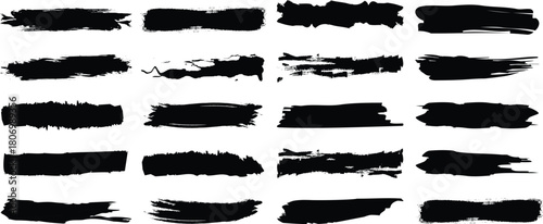 Vector brush streaks pack marker ink strokes grunge. Collection of vector paint bold brush strokes, hand drawn thick grunge lines and rectangle shapes modern grunge. Ink brush stroke set, black grunge