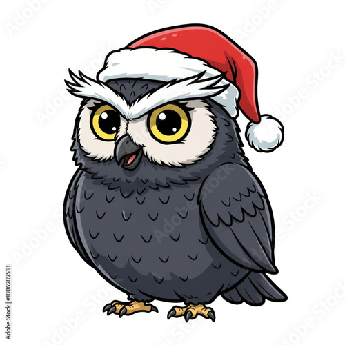 Cartoon owl wearing Santa hat on black background