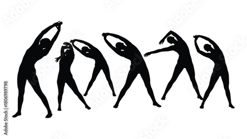 Silhouettes of people stretching and exercising isolated on white background, Vector
