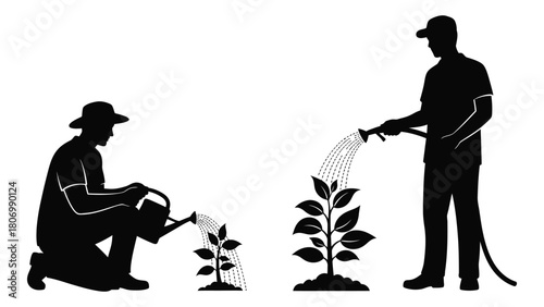 Gardeners watering plants silhouette isolated on white background, Vector