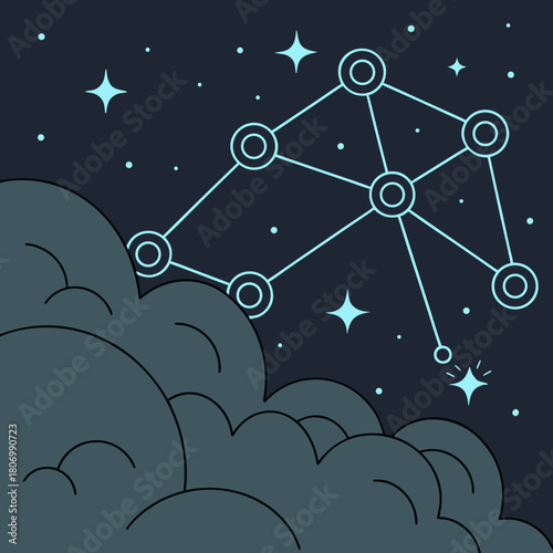 Stylized Constellation Network Above Dark Clouds and Stars night sky