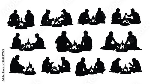 People around campfire silhouettes isolated on white background, Vector