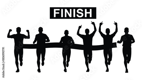 Runners crossing finish line silhouette isolated on white background, Vector