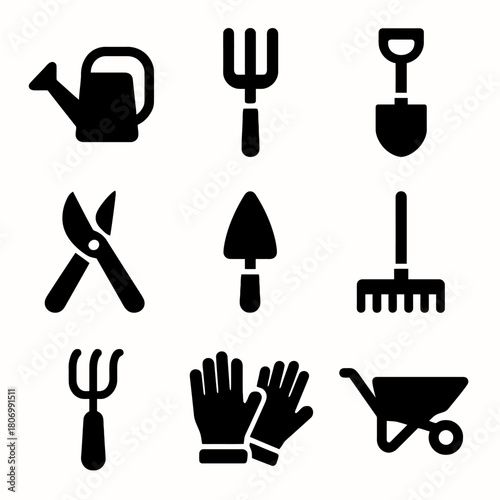 Set of gardening tools icons: watering can, pruner, rake, shovel, gloves, wheelbarrow
