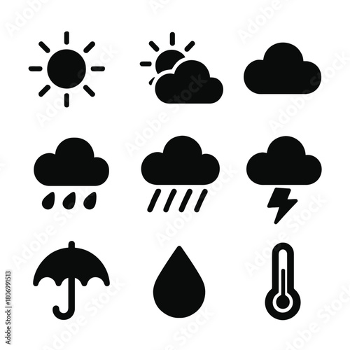 Weather icons: sun, clouds, rain, thunderstorm, umbrella, and thermometer symbols